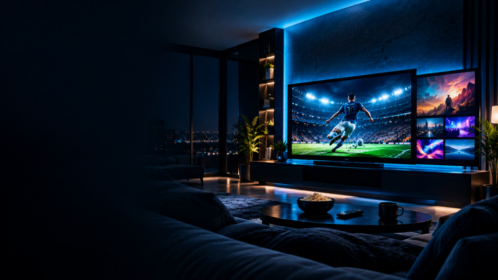 Cinematic home theatre with football and entertainment screens for UK IPTV Hub