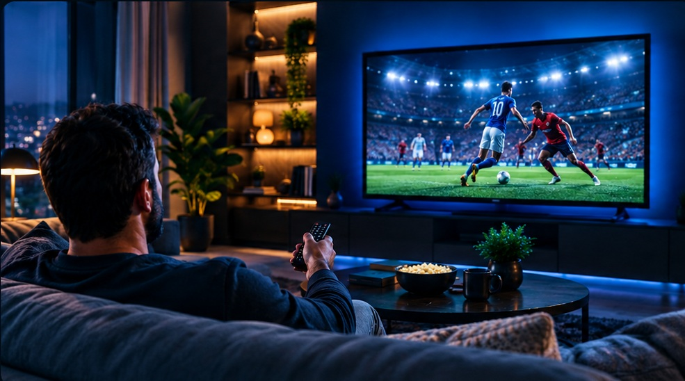Person watching a football match on a TV from a sofa