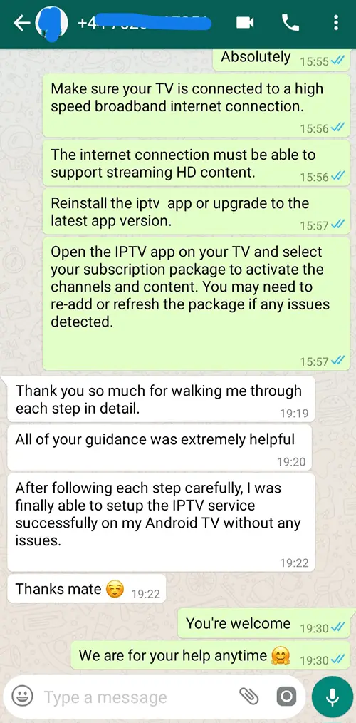 WhatsApp IPTV setup support conversation